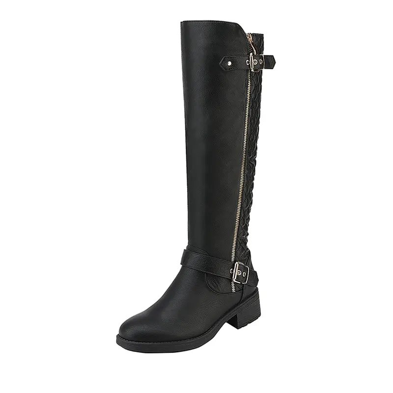 Dream Pairs Women's Knee-High Riding Fashion Boots - Low Heel Winter Footwear with Faux Fur Lining, Wide Calf Fit, Instep Quilted Zip, Buckle Strap, TPR Rubber Sole, No Hassle On-Off, Back to School Sohochic Shoes
