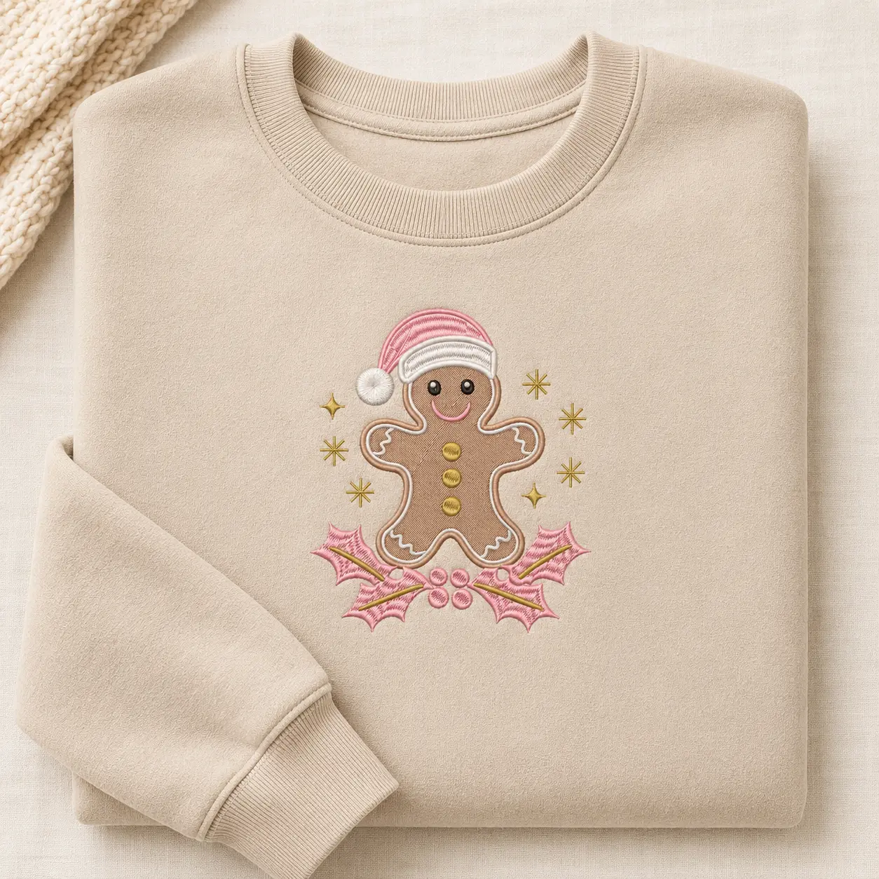 Pink Gingerbread Man Embroidered Sweatshirt, Cute Christmas Crewneck, Holiday Cookie Pullover, Festive Winter Sweatshirt