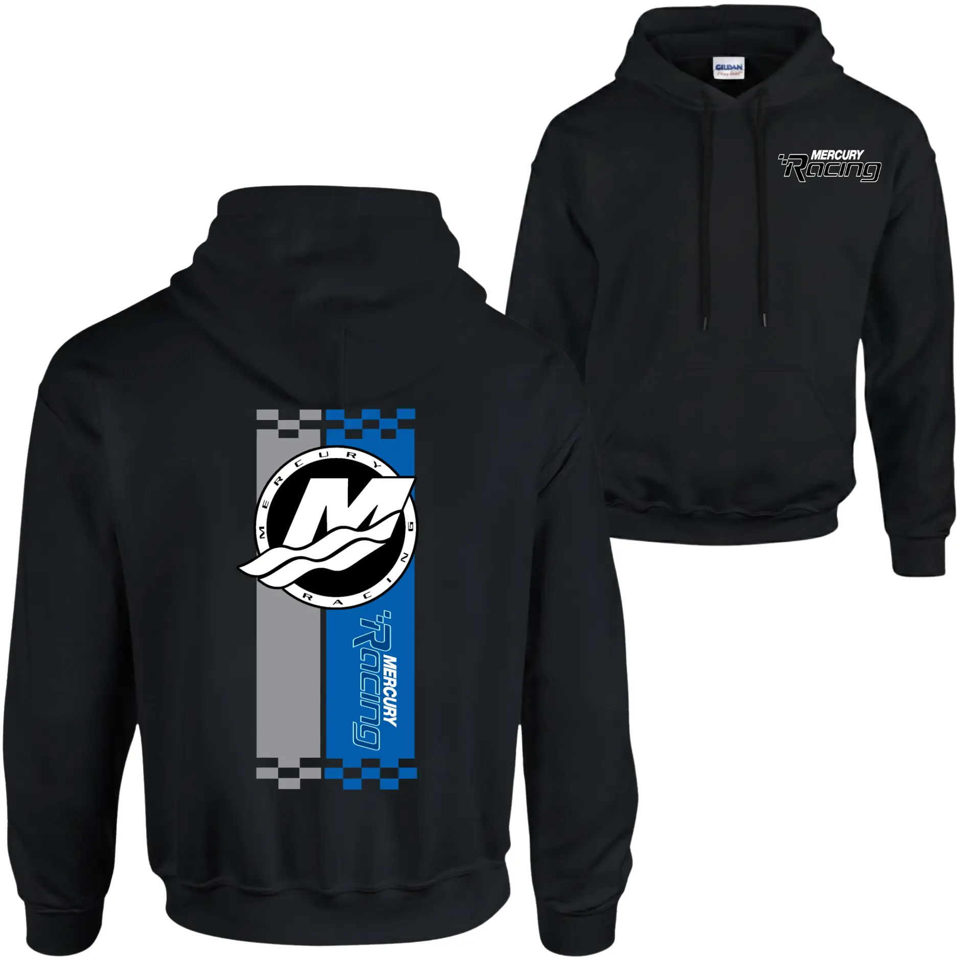 Mercury Racing Hoodie Sweatshirt T-Shirt – Performance Outboard Boat Racing Logo Graphic, Blue Gray Checkered Stripe Back Print, Lake Life Bass Boat Fan Gift, Unisex.