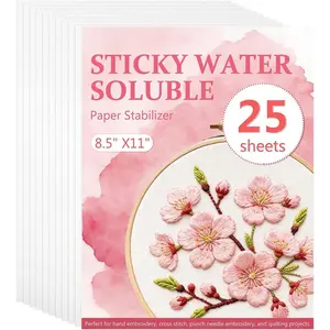 Water Soluble Stabilizer for Embroidery, 25 count 8.5"x11" Stick and  Wash  Paper Printable Stabilizer, Allowed for Print or Draw Patterns, Ideal for Hand & Machine Embroidery