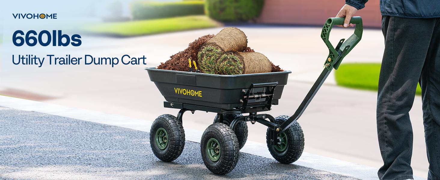 VIVOHOME 4 Cu.Ft 660lbs Wheelbarrow Garden Cart Dump Wagon with 2-in-1 Convertible Handle Attach to ATV or Tractor, 10" All Terrain Wheels, Quick Release System, Heavy Duty Utility Trailer for Yard