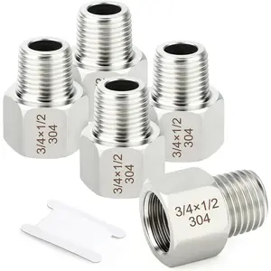 5 count 304 Stainless Steel Pipe Fitting,  Reducer Adapter, 1/2" NPT Male x 3/4" NPT Female, Reducing Pipe Adapter Fitting