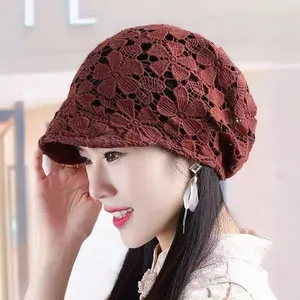 Women's Spring and Summer Hollow Flowers Crochet Soft Brim Wrapped Head Cap Breathable Knitted Turban Cap Sun Hat