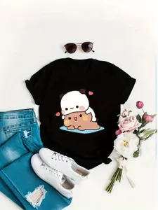 Bubu Dudu Matching Couple T-Shirts for Men & Women - Cute Bubu Dudu Panda Hug & Pout Print Short Sleeve Tees, Stretchy Fit, Machine Washable Unisex Shirts for Couples Gifts, Spring Summer Casual Wear (Black)