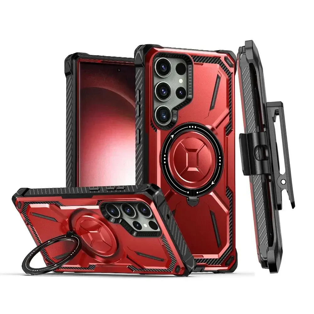 [KQ]Fin For Samsung Galaxy S23 S22 S24 S25 Ultra Iphone16 15 14 13promax Armor Rugged For MagSafe Magnetic Phone Case With Ring Holder Belt Clip Holster