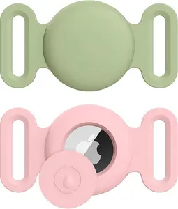 Airtag Dog Collar Holder for Apple Airtag Dog Tracker, 2 Pack GPS Tracking Accessories Anti-Lost Silicone Air Tag Holder Case for Pet Cat Dog Collars (Pink+Matcha, Large)