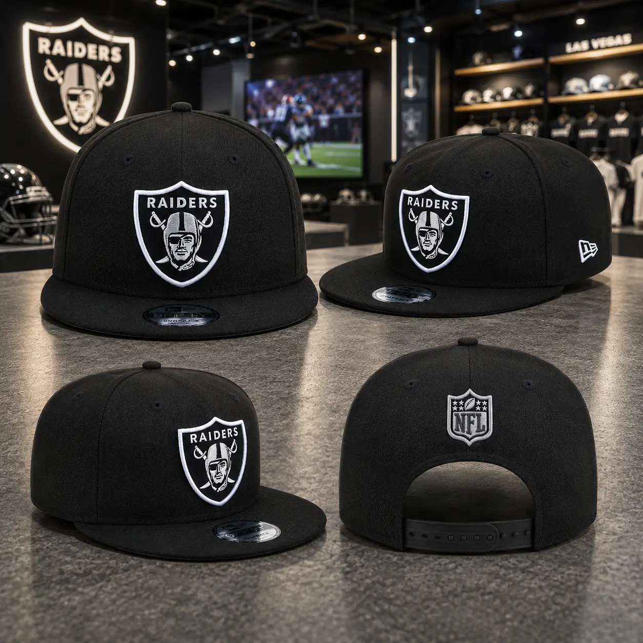 Black Raiders Football Snapback Hat – Embroidered Shield Logo Adjustable Flat Brim Cap, Game Day Streetwear