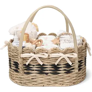 Large Diaper Organizer, Hand Rattan Scalloped Diaper Changing Table Organizer, Versatile Nursery Bakset Basket Organizer (Natural Seagrass - Black Stripe, XXL)