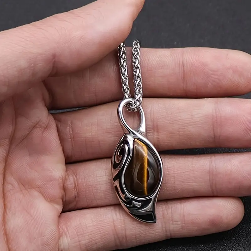 Male Animal-Themed Stainless Steel Pendant Necklace, Avant-Garde Tiger Head Design with Domineering Tiger Eye Synthetic Gems Charm