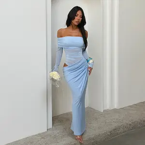 JY24308DGO-Women's Mesh Long Sleeve Off Shoulder Maxi Bodycon Dress, Chic Cutout Waist Long Dress, Spring Break Outfits, Graduation Party, Wedding Guest, Night Out Clubwear, Solid Color Sultry Event Gown Spandex Casual Wear