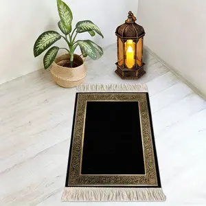 1pc Premium Black-Gold Mosque Foldable Prayer Pad, Muslim Prayer Rugs, floor-safe silent, all-occasion worship fit, machine-wash quick-dry