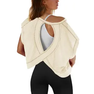 Women's solid color backless T-shirt, daily outdoor casual sports short sleeved T-shirt, Four Seasons women's clothing, hollowed out sportswear