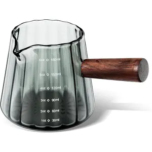 Joeyan 6 oz Grey Glass Measuring Cups with Spout,Borosilicate Glass Triple Pitcher with Scale,Origami Style Espresso Shot Glasses with Wood Handle for Coffee Milk,Dishwasher Safe