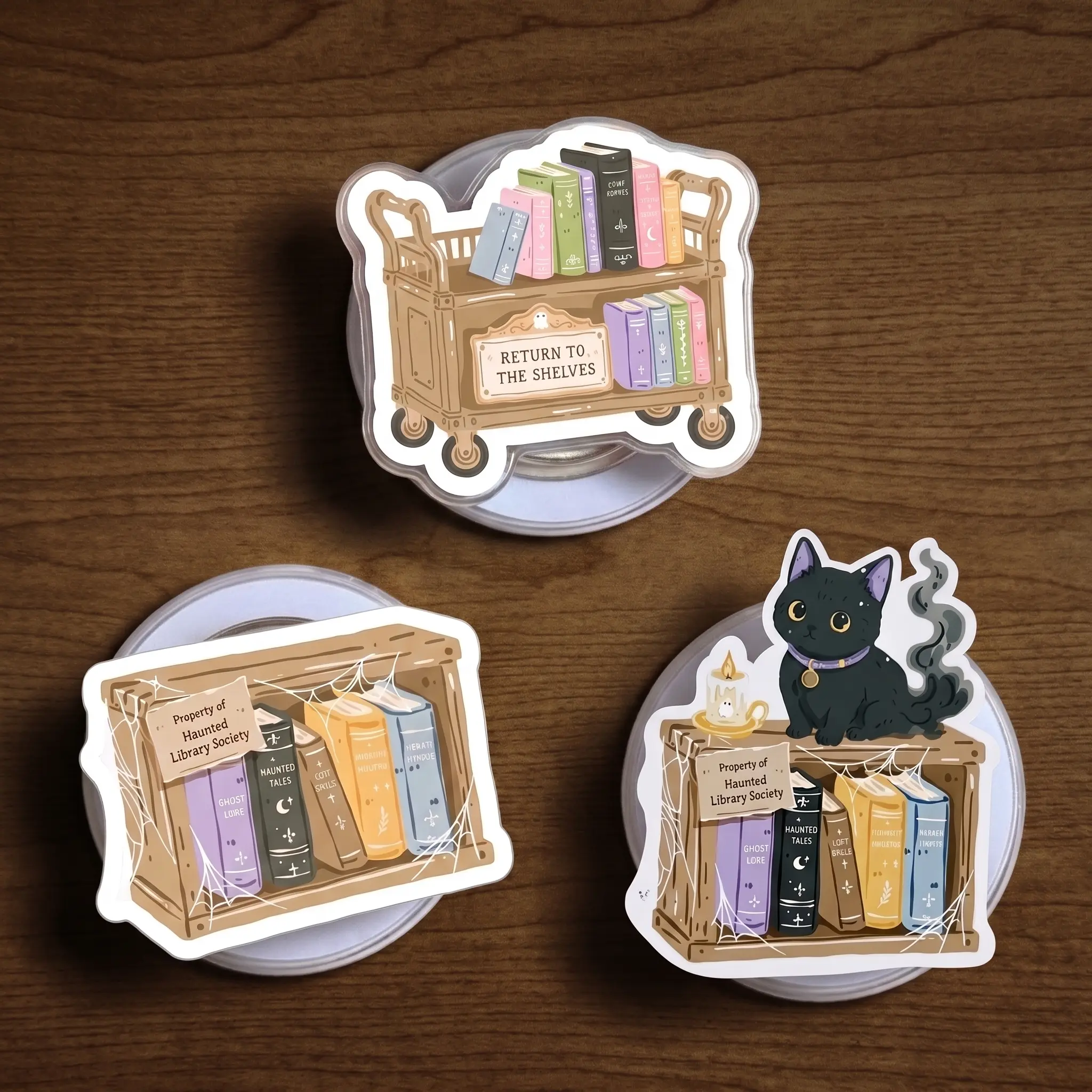 3pcs/set Haunted Library Magnetic Phone Grip & Kindle Grip Collection, Spooky Book Cart & Black Cat Kindle Holder Stand, Halloween Reader Gift