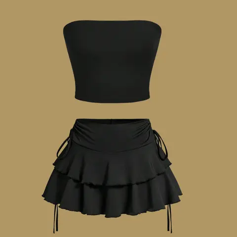 Women's Solid Crop Tube Top & Ruffle Trim Skirt Two-Piece Set, Elegant Fashion Casual Two Piece Outfits for Daily Outdoor Wear, Ladies Clothes for All Seasons