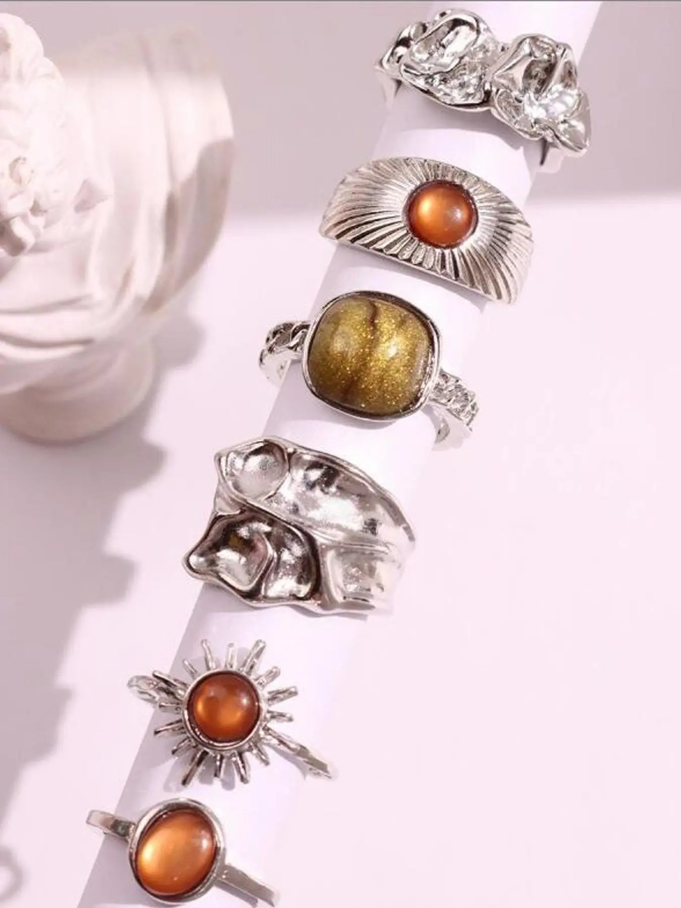 Women's Silver Color Boho Ring Set, Unique Rings, Stackable Rings, Elegant Floral Bow Design, Faux Pearl Heart Rhinestone Moon Star Geometric Cat Eye Stone Jewelry
