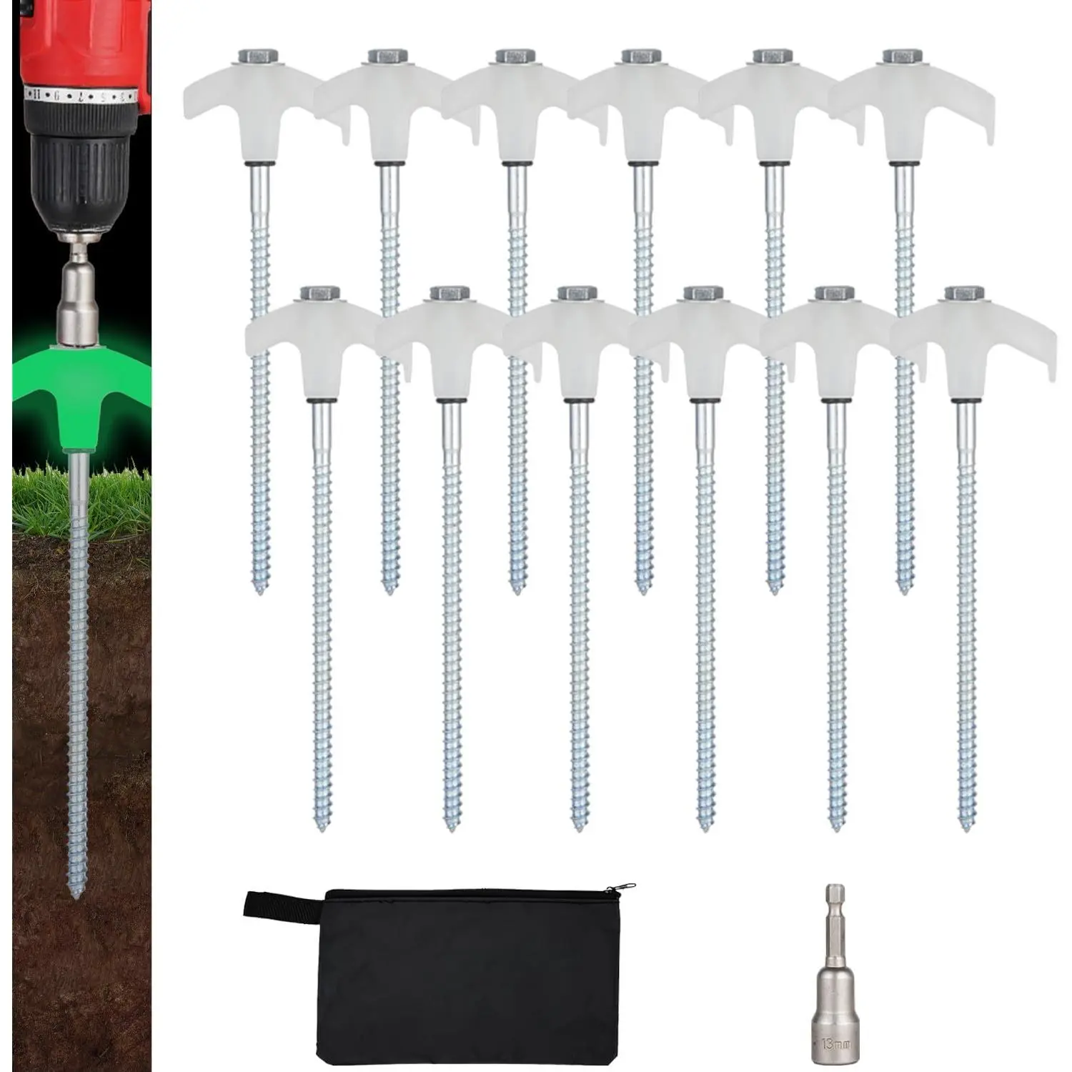 12 Pack Screw in Tent Stakes Heavy Duty,8 Inch Ground Anchors Screw in,Metal Stakes with Hex  Driver,Camping Tent Accessories.(Luminous White)