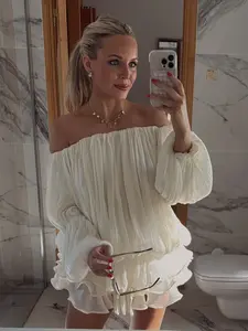 Elegant Women's Off-Shoulder Puff Sleeve Dress, Satin Ruffle Design, Fashionable Loose Fit Waist Tie One Shoulder Short Dress, Feminine