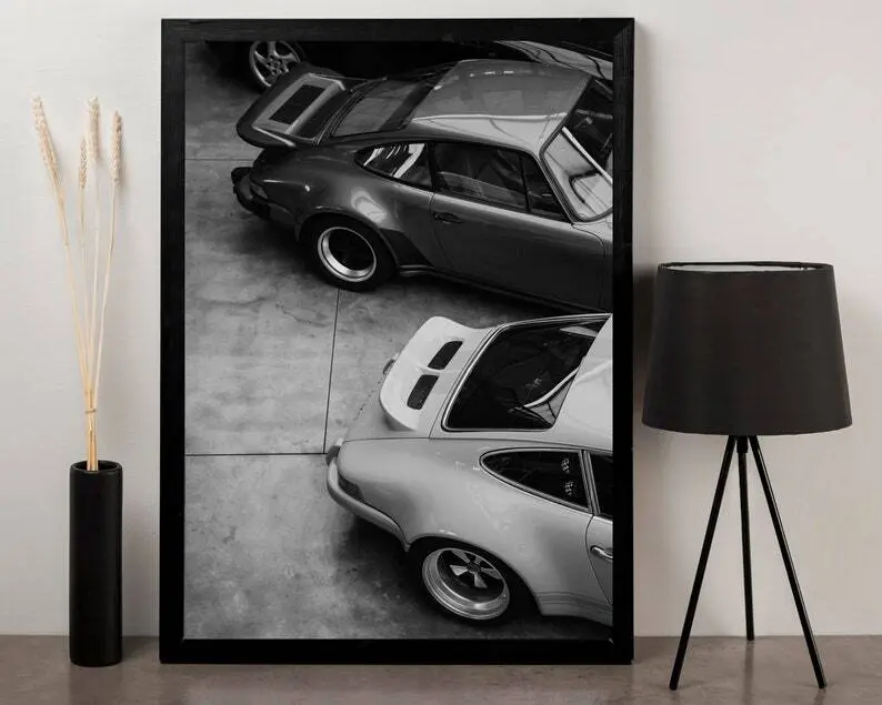 Porsche 911 Poster, Vintage Black and White Rear View Wall Art, Classic Car Retro Print for Automotive Enthusiasts