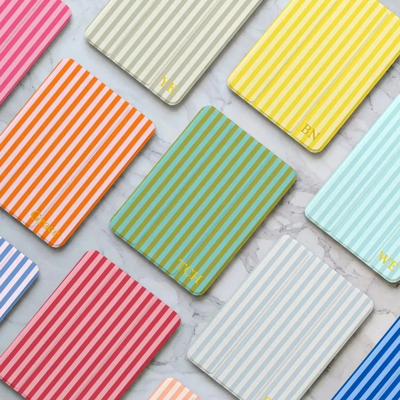 Personalized Stripe iPad Case with Pencil Holder, Fits iPad Air 7/6, iPad Pro 11/13, iPad 11/10/9, Initials iPad Mini 6/7 Aesthetic Cover