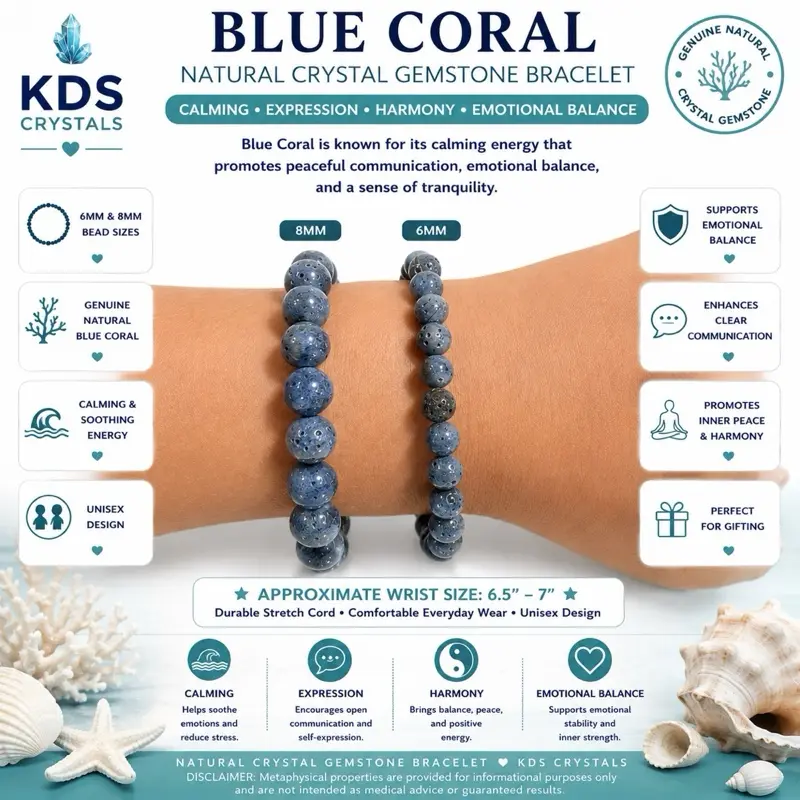 Blue Coral Natural Crystal Gemstone Bracelet 6mm & 8mm | Stretch Beaded Bracelet | Ocean Inspired Jewelry