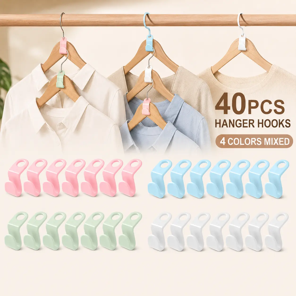 40 Counts Hanger Connector Hooks for Clothes Storage，Space - Saving Organizer，Space Saver Hangers，Hangers Accessory for Light Hanging, Colors Sent Randomly