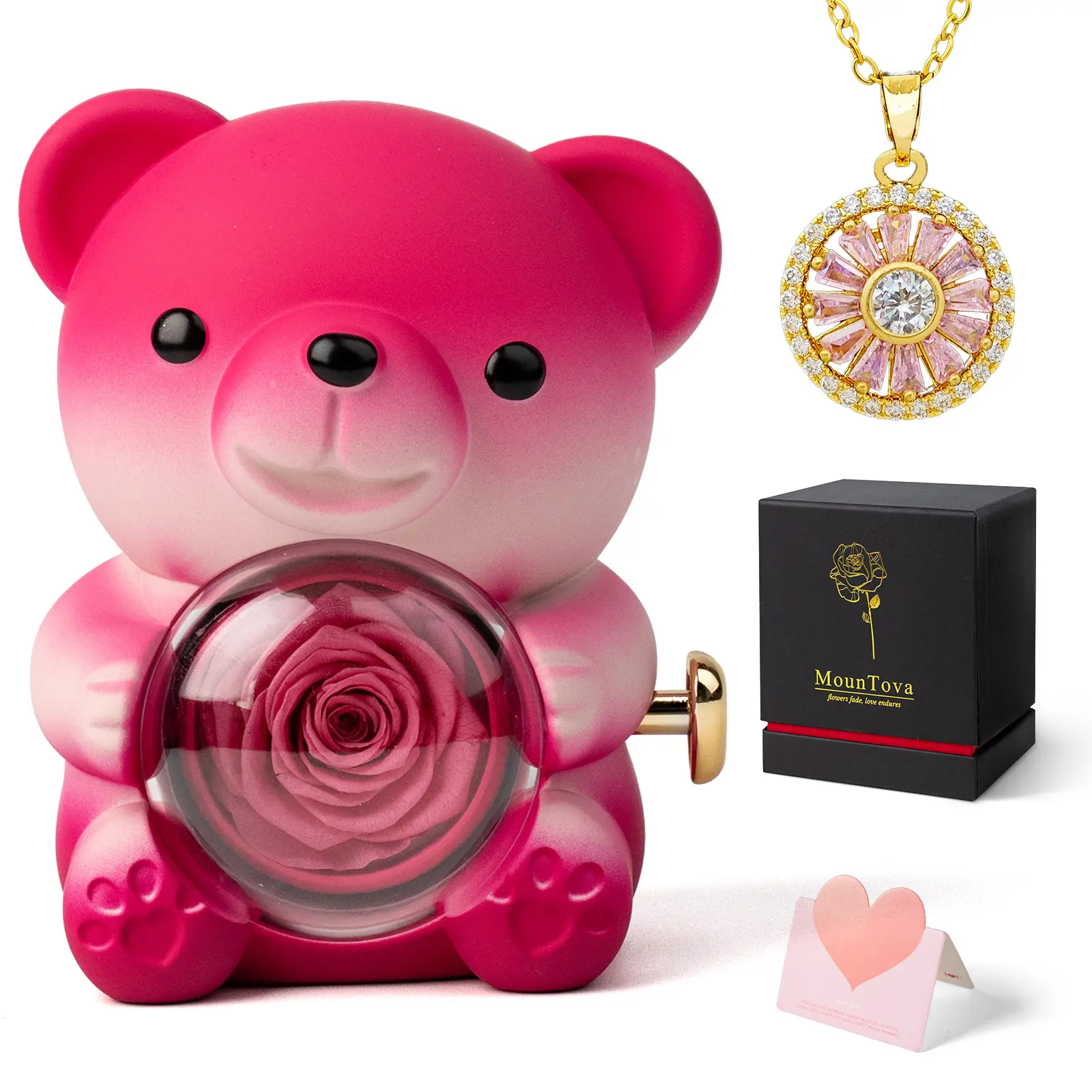 Elegant Alloy Necklace Jewelry Gift Set - True Love Real Rose Bear Gift Box, Pink Rotating Exquisite Chain Jewelry for Girlfriend, Wife