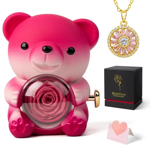 Women's Exquisite Design Copper Alloy Short Chain Link Necklace Jewelry Set - Dazzling Pendant, Blush Pink Rotatable Chain, True Love Real Rose Bear Gift Box with Flowers, Anniversary Present for Girlfriend