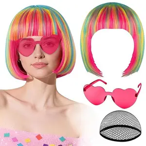 Valentines Special - Pink Blue Yellow Bob Wig with Heart Sunglasses Hair Cap, Colorful Short Bob Wigs Synthetic Party Wigs Funny Cosplay Hairpieces for Women Daily Bachelorette Halloween Costume Party Decorations