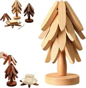 Natural Tree Wooden Trivet Set - 4 Trivets & 1 Stand, Heat-Resistant Foldable Design, High-Density Durable Solid Wood, Tree-Shaped Kitchenware Coasters for Hot Dishes, Multi-Functional, Special Texture, Christmas Tableware Gift