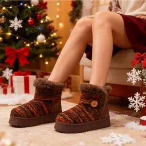 Women's Knit Fuzzy Platform Ankle Boots Fluffy Faux Fur Lining Anti-Slip Winter Warm Round Toe Short Boots Fashion Footwear Comfortable Cozy Slip-on House Indoor Outdoor Shoes with Button for Daily Wear