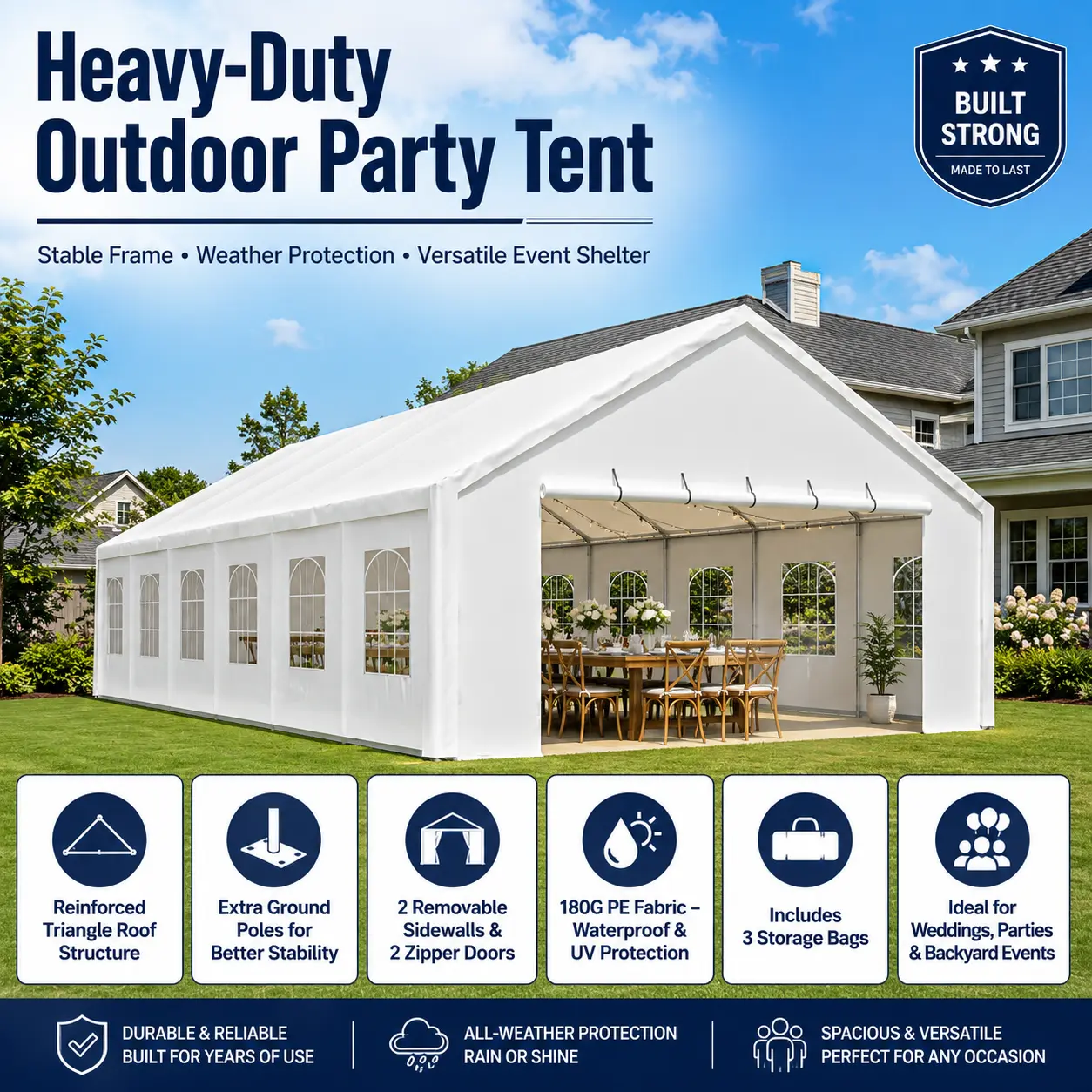 20x40 FT Heavy Duty Event Party Tent, Large Waterproof Commercial Outdoor Gazebo with 180g PE Fabric, Sun Protection, Removable Sidewalls, 3 Carry Bags, Complete Anchor Kit, 287 lbs Capacity, Assembly Required for Weddings, Backyard Use, Baby Showers