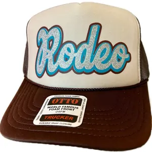 Rodeo Trucker Hat Custom Design Brown and Beige Hat with Brown Turquoise and Glitter Design Premium Foam Fabric World Famous Foam Front OSFM