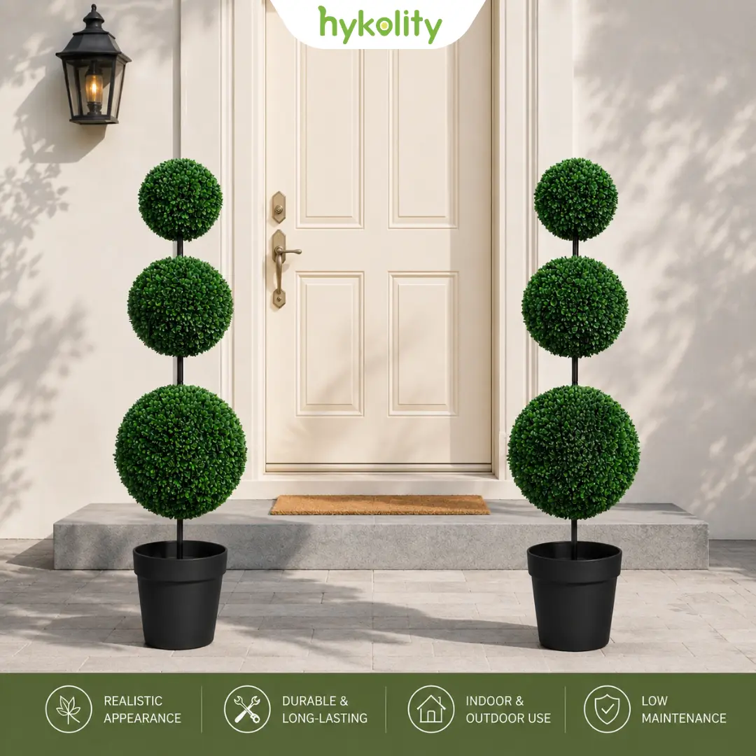 ROMSWI [Set of 2] 4FT Artificial Triple Ball Boxwood Topiary Tree, UV Resistant Faux Plants for Home, Office, Porch & Entryway Decor