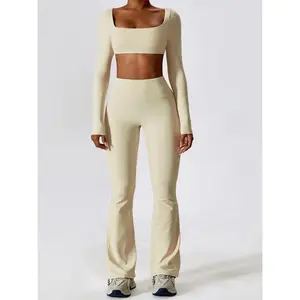 Women's Solid Square Neck Top & High Waist Flare Leg Pants Set, Sporty Mufti Clothes, Longsleeves Top & Bell Bottom Trousers Two/Four-Piece Set Tracksuits for Yoga Work, Flared Leg Pants, Athletic Wear, Fallfreshness Clothes, Valentine's Da