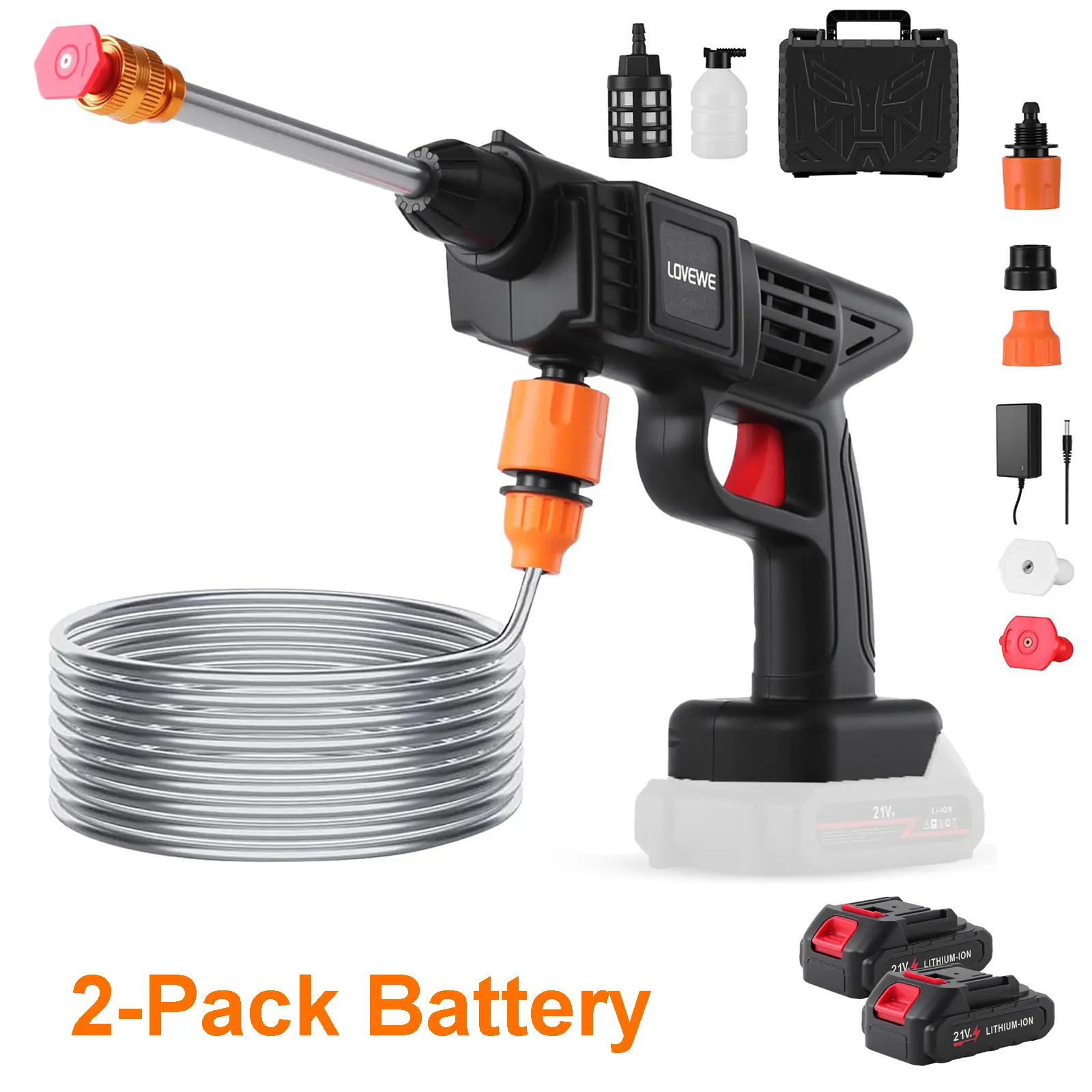 LOVEWE 21V Lithium Ion Cordless Handheld Power Washer, 2 Batteries, Fast Charger, 2 Spray Nozzles, Foam Cannon, Wand, Car Accessories for Effective Cleaning & Organized Storage (Cars, Patio Use)