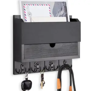 Mail and Key Holder Wall Mount with Storage Drawer - Modern Wooden Mail Organizer for Wall Entryway, 7 Key Hooks & Chalkboard Panel - Stylish  Decor for Apartments, Living Room, Office