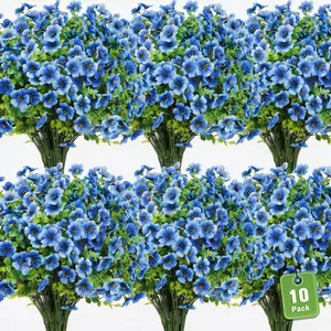 10 Bundles UV Resistant Artificial Flowers for Outdoors - Fake Silk Plants No Fading & Easy Care for Garden Porch Window Box Decor (Bule)