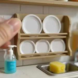 1:12 Dollhouse Miniature Plate Rack + Plate Set, PLA material (non-wooden) - Dollhouse kitchen decoration, miniature life scene, dollhouse accessories, lightweight furniture, mini tableware set, exquisite gift for collectors and craft enthusiasts