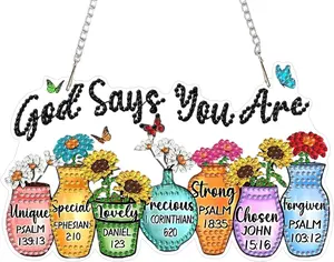 5D Crystal Diamond Painting Suncatcher, Religious "God Says You Are" Floral Vase Inspirational Hanging Ornament