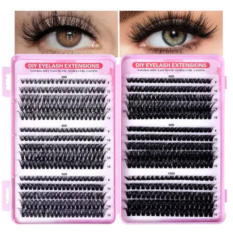 Eyelash Clusters Kit, 570pcs DIY 8-16mm Lightweight Set with Individual Clusters Glue, Seal, Tweezer Applicator, 72hrs Long-Lasting Natural Wispy Thick Lashes for Daily Care & Makeup
