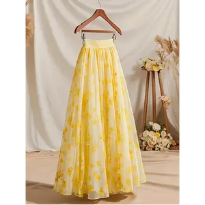Women's High-Waisted Flared Floral Print Skirt - Lightweight Yellow & White Dangling Design for Spring Summer Fall, Machine Washable Resort Style Casual to Semi-Formal Outfits, Cute Skirts, Fall Fashion Wear, Womenswear  Bottom Golden Polyester Fitted