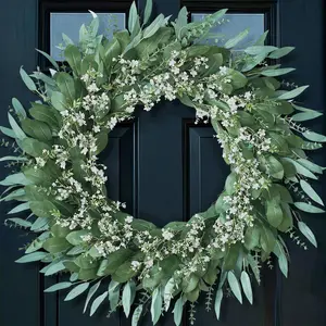 20-inch eucalyptus and baby's breath wreath for front doors - Large artificial greenery outdoor wreath suitable for porches, windows, farmhouses, and homes; hanging decoration - suitable for spring, summer, and all seasons (green and white).