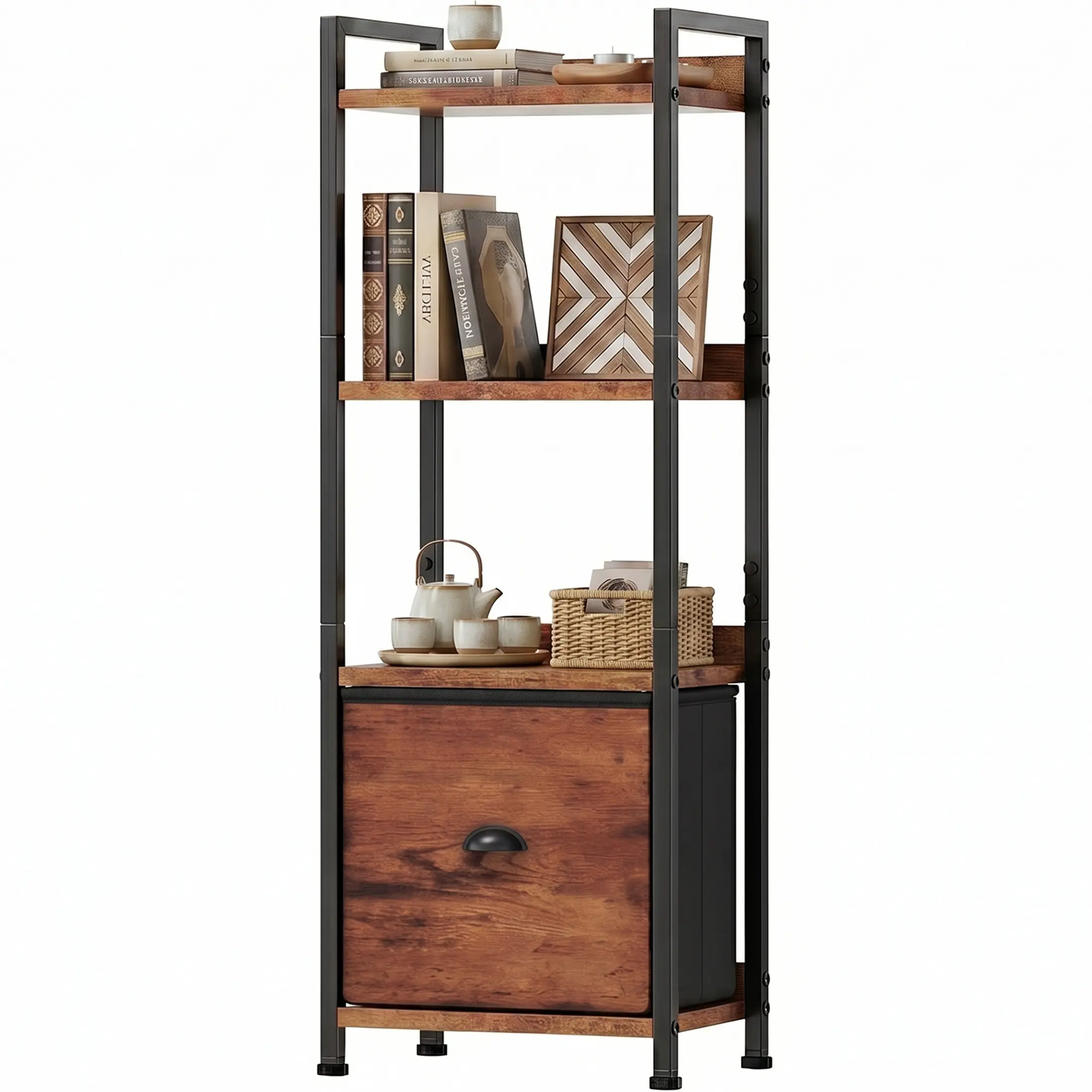 DUMOS Rustic Corner Bookshelf - Tall Narrow Wood-Metal Shelves with Removable Fabric Drawer, Slim Aesthetic Home Decor, Space-Saving Storage Organization for Small Bedrooms, Living Room Furniture, Shelves For Bedroom