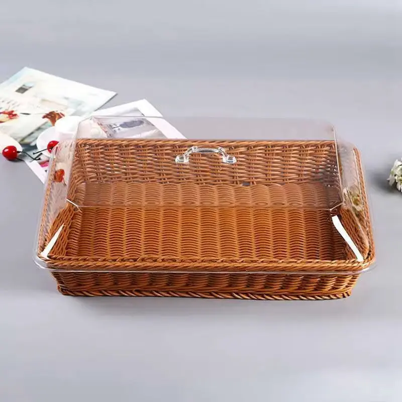 Rattan Bread Basket with Acrylic Cover, Home Organizer for Bread and Fruit, Kitchen Storage Container