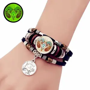 Retro Punk Leather Constellation Button Bracelet - Adjustable Glow Bracelet for Couples and Students
