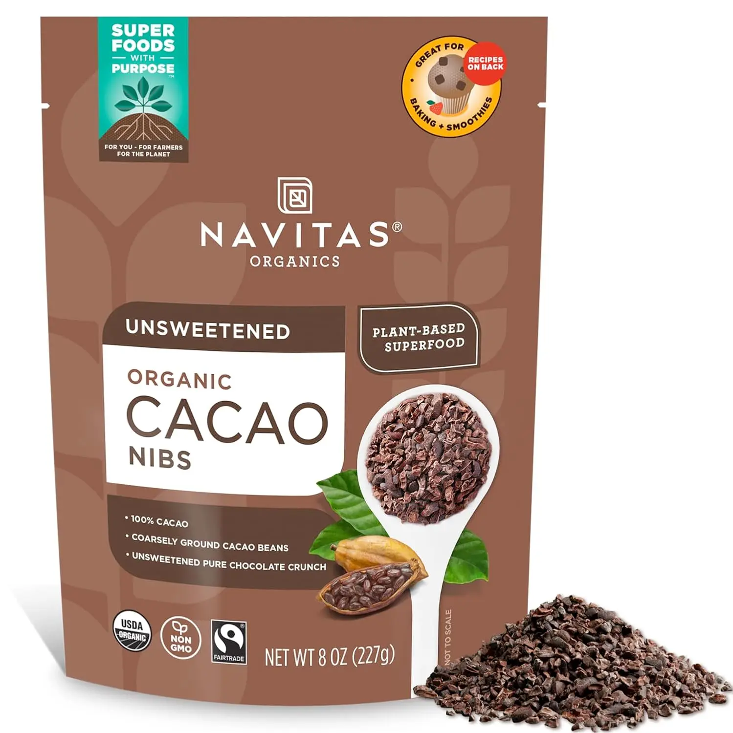 Navitas Organics Cacao Nibs - Unsweetened Dark Chocolate Crunch, Vegan, Sugar-Free Low Calorie Cocoa, Antioxidants, Minerals, Fiber - USDA Organic, Fairtrade, Non-GMO, Gluten-Free - 8oz Cupboard-Friendly Bag, 76 Servings - Ideal for Baking, Smoothies, Hig