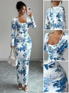 New Floral Print Sexy Draped Ruffle Belted Waist Tight Mini Dress, Floral Design Dress, Elegant and Charming, Perfect for Autumn/winter Layering, Women's Ideal Choice, Elegant Party Dress, Floral Bodycon Dress, Bodycon Fit Dress