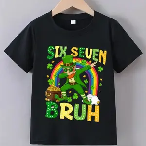 "Six Seven Bruh" Green Shamrock St. Patrick's Day T-Shirt for Boys Girls 100% Cotton Short Sleeves Pre-washed Soft BreathableT Shirt Alphabet Pattern, St. Patrick's Day Clothes, Clover & Green Hat Design, Spring/Summer Top