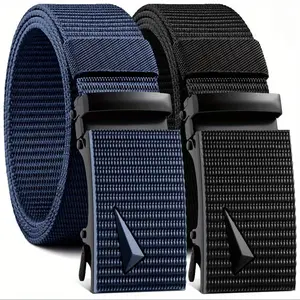 2pcs Men's Casual Ratchet Belt with Automatic Buckle - Adjustable, Durable Woven Fabric in Blue & Black, Perfect for Outdoor Work, Jeans, and Daily Commuting, Sturdy Metal Buckle